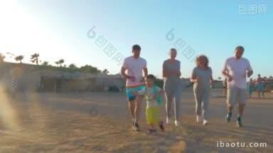 斯坦尼康拍摄的大家庭在海滩上慢跑的儿子